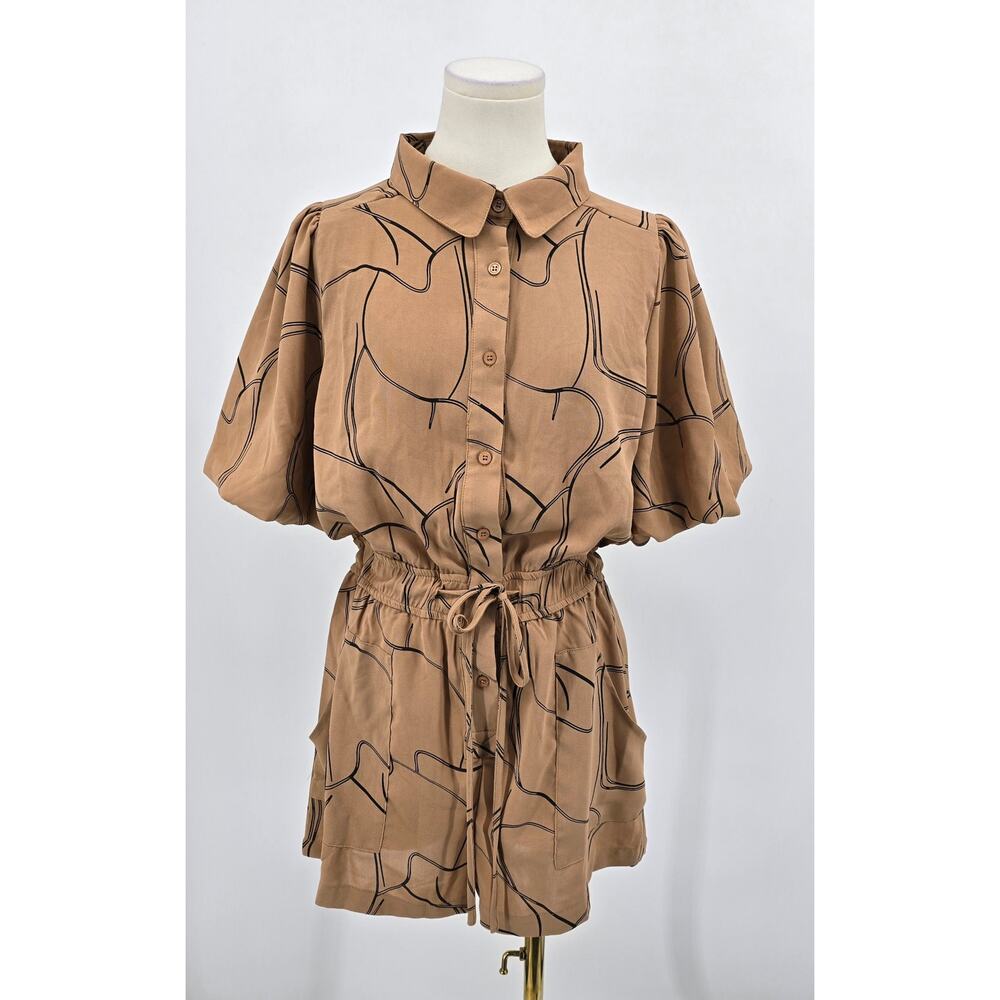 ANNEWEAR Camel Utility Romper M Abstract Minimalist Drawstring Waist Neutral